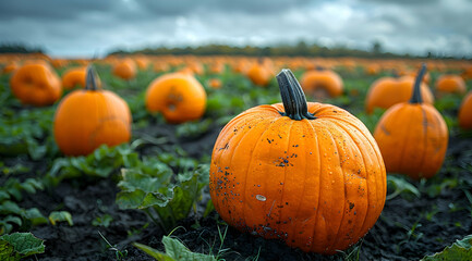 Obraz premium Close-up of a Single Orange Pumpkin in a Field of Pumpkins - Photo