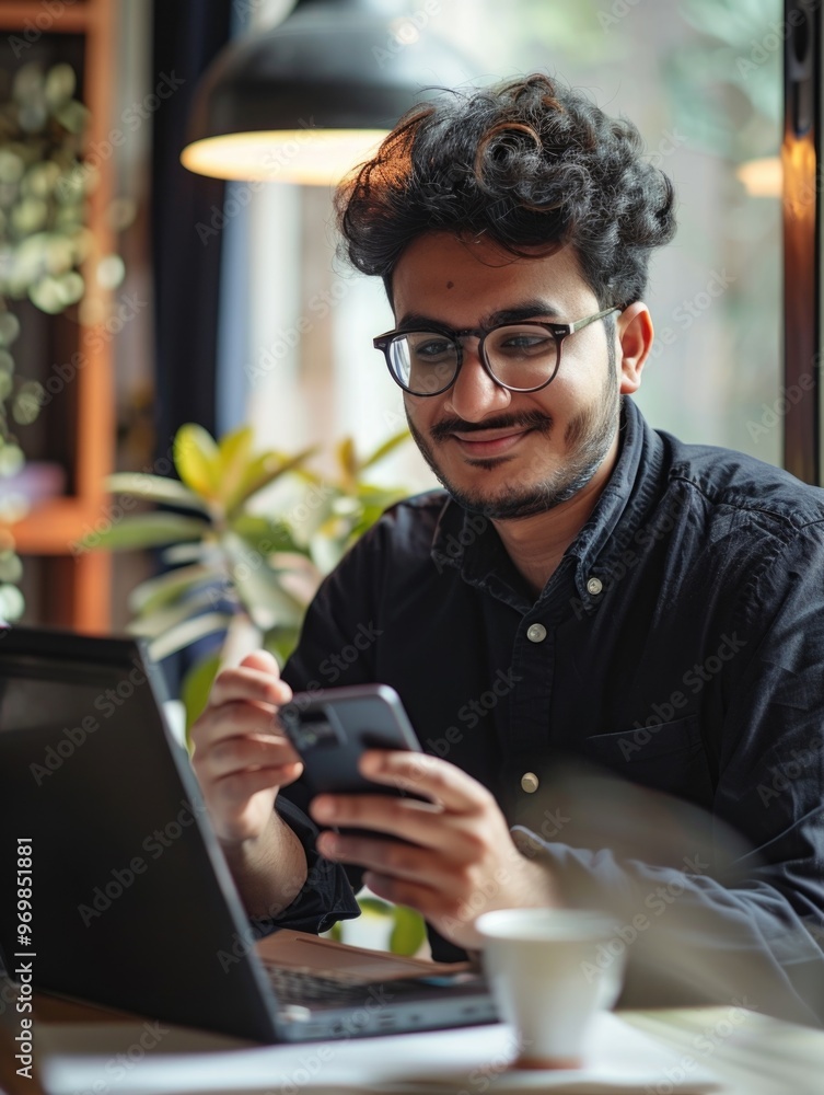 Canvas Prints A Young Man Checking His Phone at a Cafe