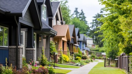 Row of Houses with Lush Green Lawns and Sidewalk