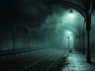 Fototapeta premium Empty Train Station Platform in the Fog at Night