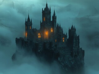 Fototapeta premium A Mystical, Gothic Castle Perched on a Cliff Amidst Fog