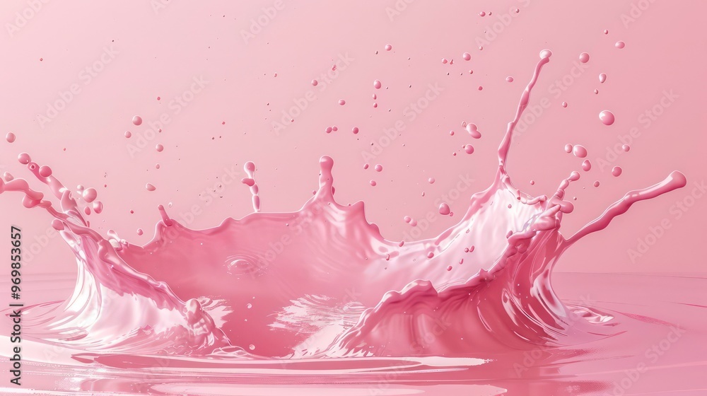 Poster pink liquid splashing and creating abstract shapes.
