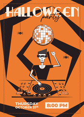 Halloween Party Retro Flyer, Poster. Halloween night club invitation with skeleton DJ, skull. 60s-70s vector illustration design.