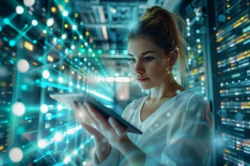 female IT specialist working in a data center, using a tablet for cloud computing visualization. The image captures the high-tech environment where she works, surrounded by servers