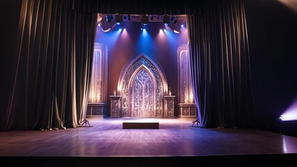 A beautifully designed theater stage, featuring dramatic lighting and an elegant backdrop, creating a captivating ambiance for performances