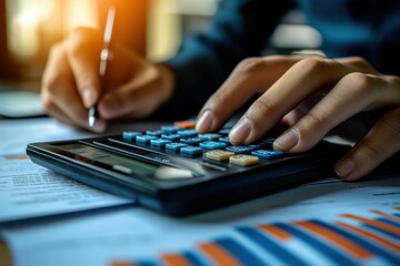Close-up of hands using a calculator on a desk with financial documents Generative AI