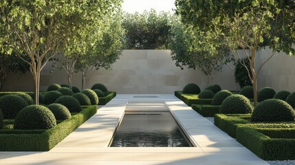 Obraz premium A garden with a stone wall and a small pond
