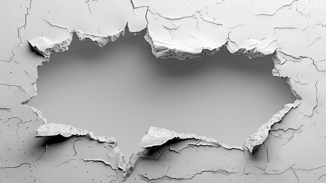 Hole breaking through white wall with cracked edges, creating a cut-out effect