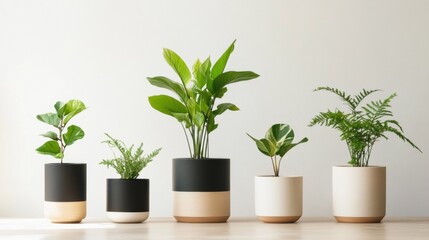 Fototapeta premium A row of potted plants sit on a table, with some of them being tall