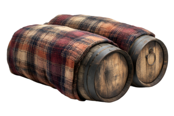 two barrels wrapped in fabric. 