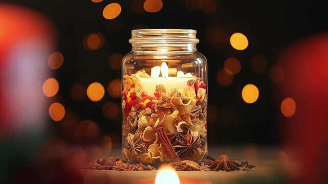 Warm candle glows, lighting a jar of christmas spices, creating a cozy and festive atmosphere with cinnamon and star anise scents. Perfect for winter celebrations