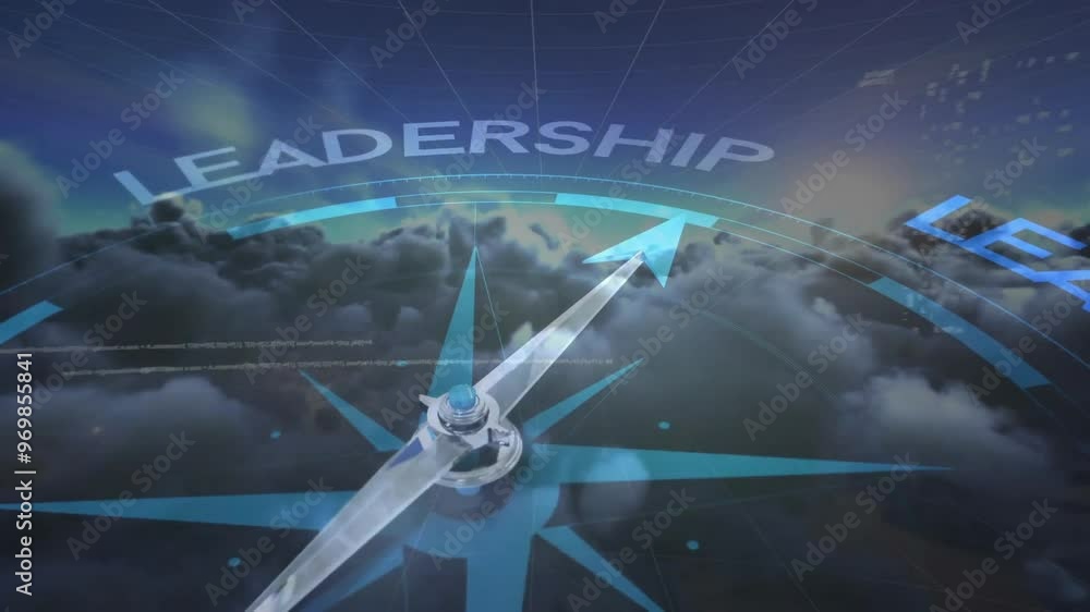Poster animation of compass with texts over data processing and sky with clouds