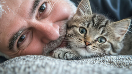 Elderly Man Cuddling with Kitten in a Warm and Loving Moment