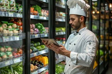 professional chef using a tablet to order fresh groceries for his kitchen.