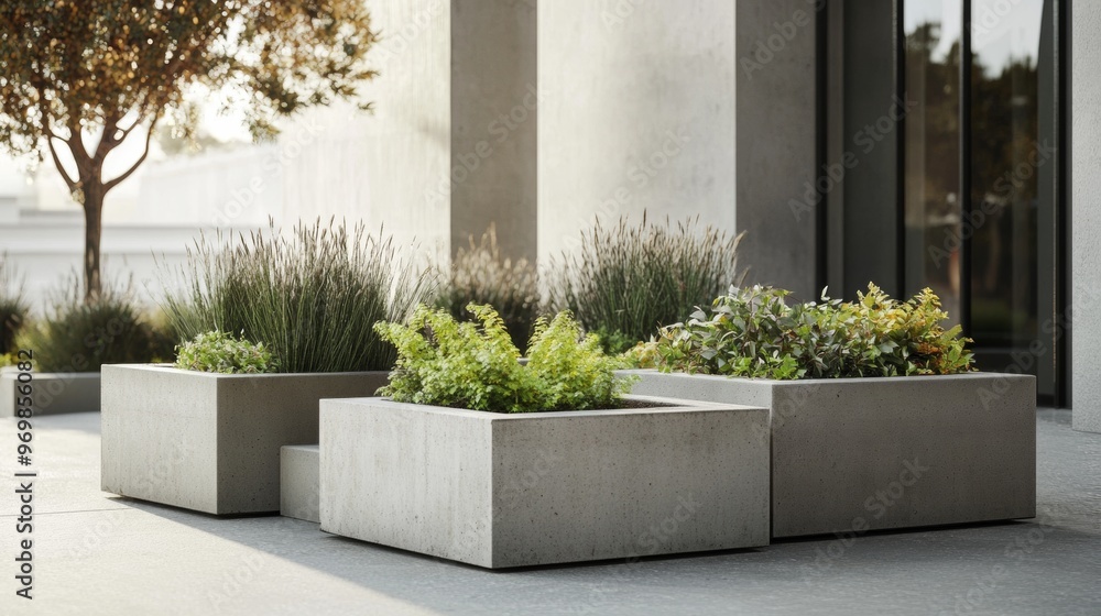 Poster three concrete planters with plants in them are arranged in a row