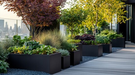 A row of black planters with plants in them are lined up on a walkway