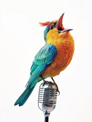 Colorful bird singing on a microphone stand, isolated on white background, vibrant and detailed.