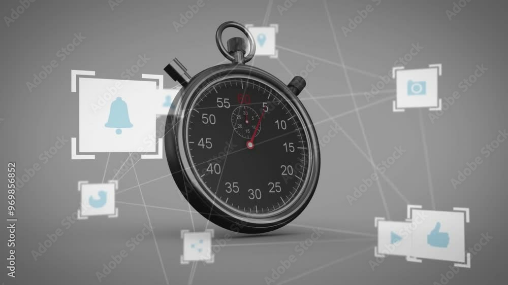 Poster animation of network of connections with icons over timer on white background