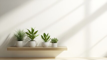 Fototapeta premium A shelf with four potted plants on it