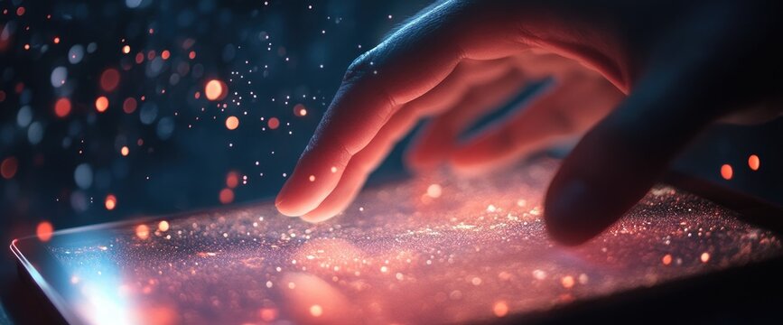 Hand touching digital screen with glittering bokeh effect.