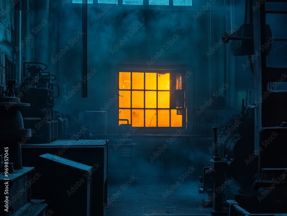 Wall mural A Glowing Window in a Dark and Dusty Factory