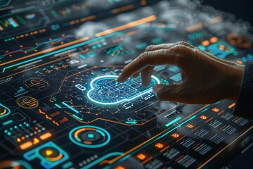 close-up shot of a person's hand transferring digital data in the cloud using a futuristic technology interface. The image should convey concepts of cloud computing, data security