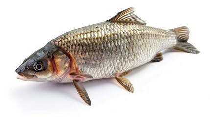 Obraz premium A large, silver carp with scales and fins, lying on a white surface.