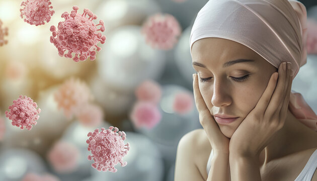 female hairless and eyebrowless feel bad are praying and waiting for chemotherapy in hospital room, breast cancer awareness month concept.