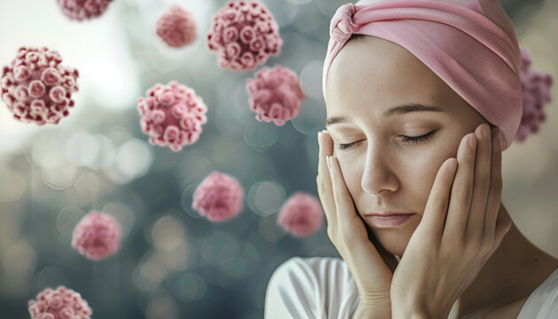 female hairless and eyebrowless feel bad are praying and waiting for chemotherapy in hospital room, breast cancer awareness month concept.