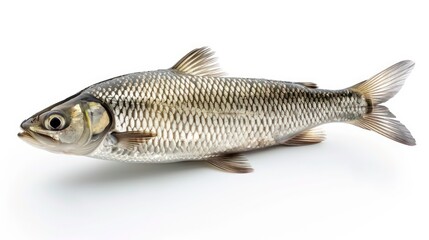 Fototapeta premium A single fresh fish with scales, fins and tail on a white background.