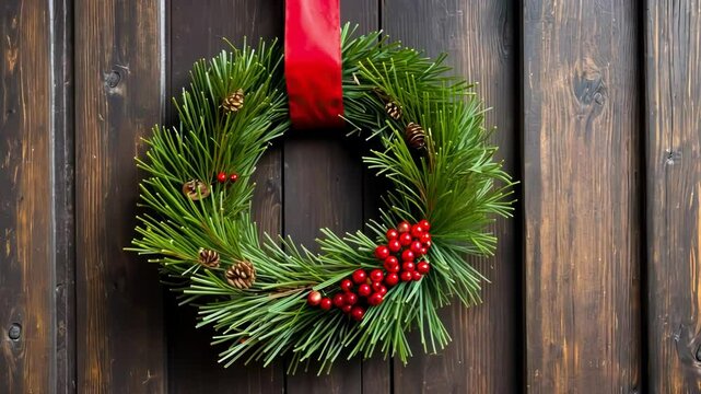 A beautifully arranged holiday wreath with pine, berries, and ribbon, creating a festive atmosphere on a wooden door