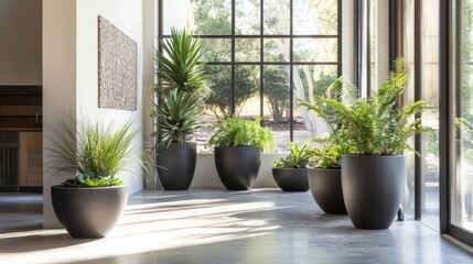 Fototapeta premium A room with a large window and a wall with a painting