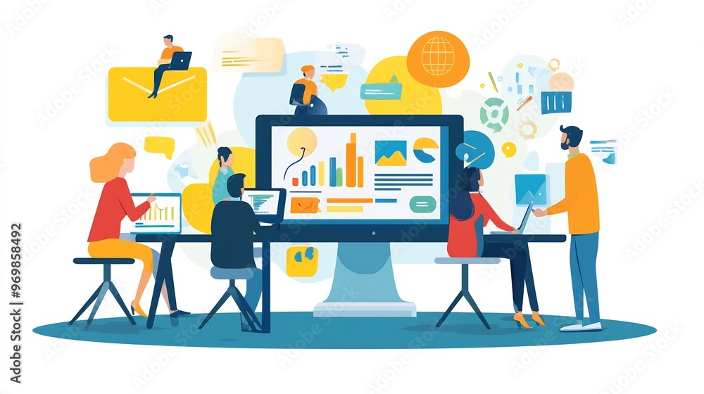 Poster businesspeople collaborating around a large monitor with data charts and graphs.