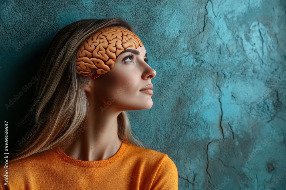 Canvas Prints Neuroprosthetics neuroprosthetics brainwave neuroprosthetics and cognitive neuroscience side profile of a woman with an abstract glowing brain in a concrete backdrop