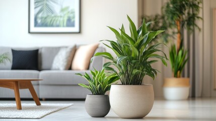 Fototapeta premium Two potted plants are placed in a living room