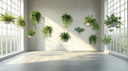 A room with many hanging plants and a window