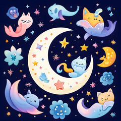 Cute cartoon night sky with moon and stars. Vector illustration.