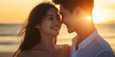 Cinematic photo of a young asian couple in love, woman with long dark hair and man with short hair looking at each other closely smiling happily