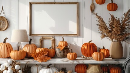 Pumpkin patch mural with wooden frame in festive entryway. Bright oranges and autumn charm, white background