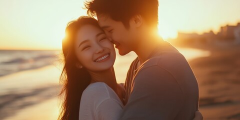 Cinematic photo of a young asian couple in love, woman with long dark hair and man with short hair looking at each other closely smiling happily