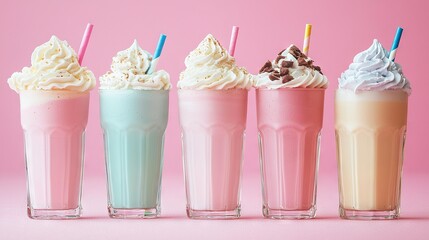   A row of milkshakes sits atop a pink table