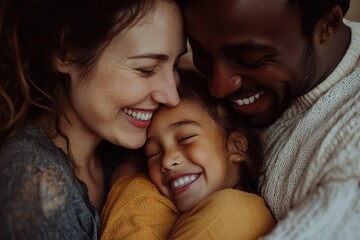 A multiracial family laughing together, close-up shot of faces showing joy and love, warm setting with soft lighting, focus on the expressions of happiness and togetherness