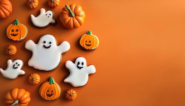 Gingerbread cookies in the form of ghosts and pumpkins, on a bright background, Halloween concept