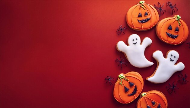 Gingerbread cookies in the form of ghosts and pumpkins, on a bright background, Halloween concept
