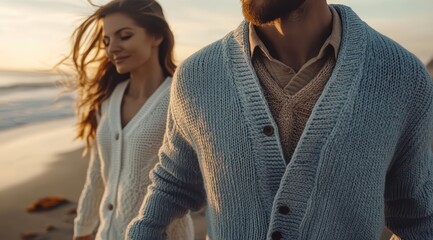 Cinematic shot of an attractive man wearing a light blue cardigan sweater walking with his wife on the beach
