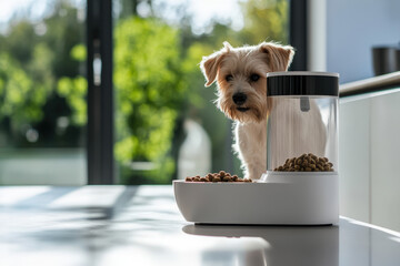 Fototapeta na wymiar Small dog waiting near a smart pet feeder full of dry food, in a modern home interior