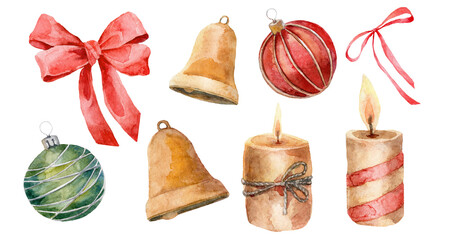 Watercolor clipart bells and bows. Hand painted, Christmas, decorative element. Christmas clipart for design or print.