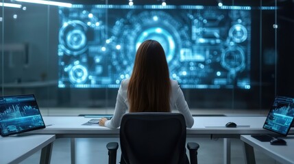 Businesswoman analyzing futuristic data on large digital screens