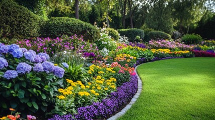 A beautiful garden with a green lawn and colorful flowers