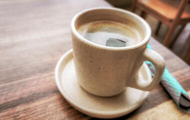 Cup of americano black coffee in restaurant cafe in Mexico.